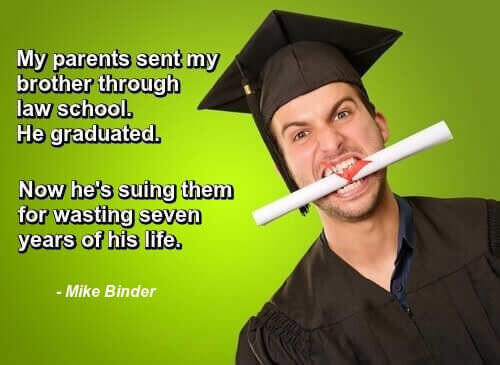 Young man in cap and gown with diploma in his teeth, and a one-liner by Mike Binder: "My parents sent my brother through law school. He graduated. Now he's suing them for wasting 7 years of his life."