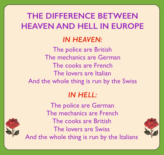 Travel humor about the difference bewteen Heaven and Hell in Europe.
